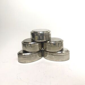 Lot of 5 Silver Metal Trinket Boxes: 3 Round, 2 Oval Minor Wear